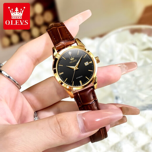 欧利时（OLEVS）瑞士认证品牌手表女款全自动机械表日历夜光防水高档石英腕表十大 【机械表】棕皮间金黑面-6629