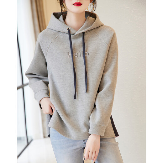 Demana Slit Craft Spring and Autumn Hooded Loose Casual Micro-Elastic Long-Sleeved Sweatshirt for Women Gray Velvet XL