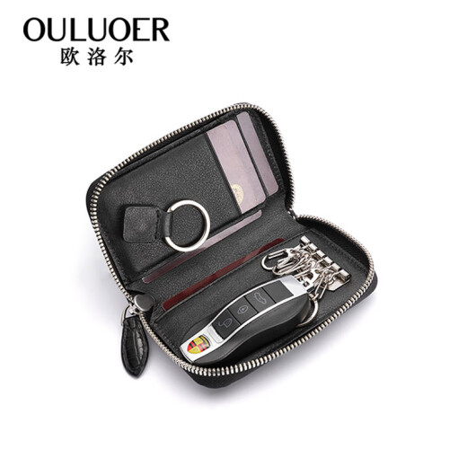 OULUOER crocodile leather key bag men's large capacity genuine leather truck bag car keychain multi-function zipper key bag black belly