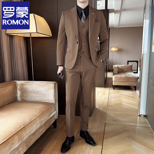 Romon (Romon) Suit Light and Simple traje de traje de gran tamaño para hombres de un traje de gran tamaño que desplazaba el traje formal Groom Guapo Wedding Vestido de boda Men Caramelo Color Traje + Chaleco + Pantalones + Camisa Negra y Tie XL (52)