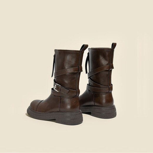 Nine-inch Sunshine Maillard Mid-Tube Martin Boots Women's Short Boots 2025 Spring and Autumn New Women's Shoes Western Retro Round Toe Thick Heel Fashion Boots Mid-Tube Boots Women's Brown 38