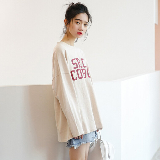 Yu Zhaolin Women's Korean Style Loose Letter Printed Bottoming Shirt Versatile Chic Round Neck Long Sleeve T-Shirt YWTC187101 Apricot One Size