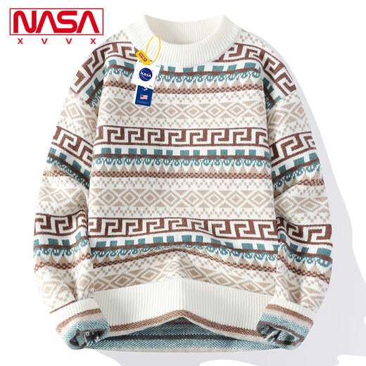 NASA XVVX官方联名撞色条纹毛衣男生秋冬款圆领套头青少年休闲百搭保暖线衣 M6631米白色 XL