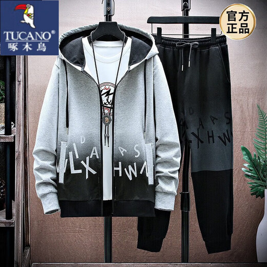 Woodpecker (TUCANO) casual sweatshirt suit for men in spring and autumn trendy Korean style coat cardigan for teenagers with matching clothes men's TZ886 black two-piece suit XL 120-140Jin Jin equals 0.5 kg