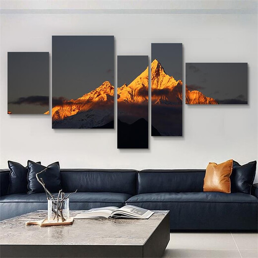 彼枫日照金山客厅装饰画大气富士山沙发背景墙现代简约卧室挂画壁画 彼枫1048 大组合五联画12mm水晶膜