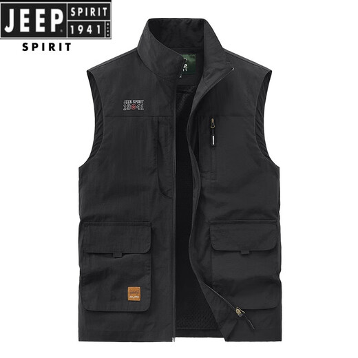 JEEP SPIRIT吉普男士马甲春秋季新款户外工装马夹休闲大码运动中年背心外套 677黑色 L (110-120斤)