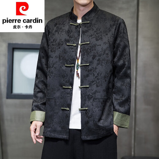 皮尔卡丹新中式唐装男中国风秋冬季长袖夹克复古盘扣汉服宽松大码男士外套 A653黑色 XL 135-150斤