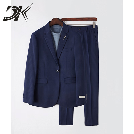 DK brand suit suit men's spring and autumn slim fit small suit jacket men's trendy Korean style light mature style suit complete set dark blue-two-piece set M size