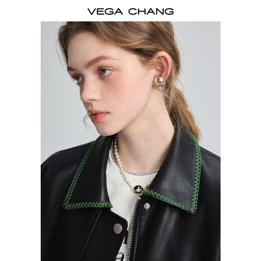 VEGA CHANG【精英衣橱】黑色皮衣女2025春秋宽松显瘦机车风pu皮短外套 松绿黑 S