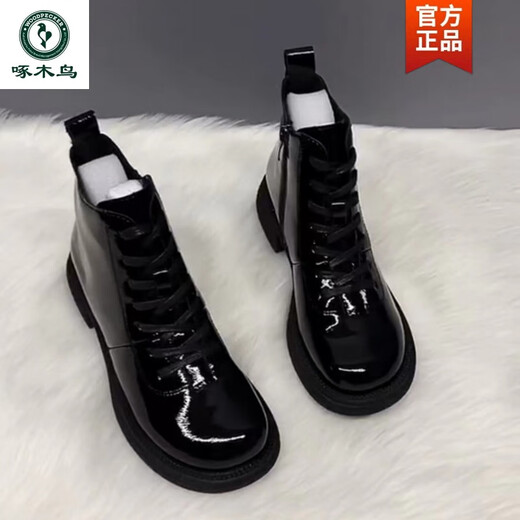 Woodpecker genuine leather thick heel short boots for women 2025 winter fashion patent leather lace-up Martin boots for women warm snow boots for women black plus velvet 36