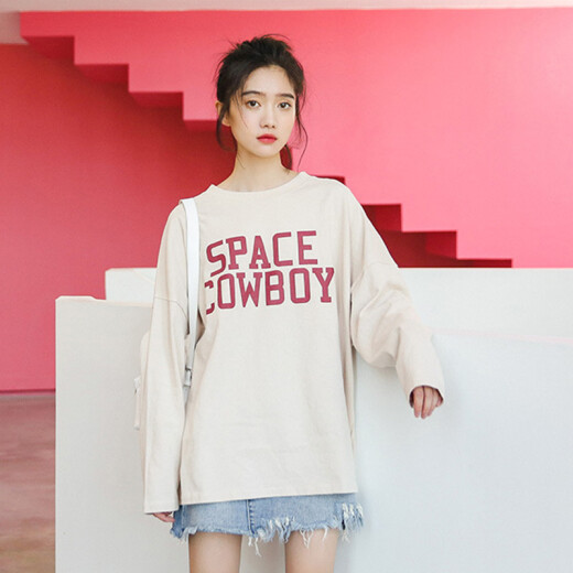 Yu Zhaolin Women's Korean Style Loose Letter Printed Bottoming Shirt Versatile Chic Round Neck Long Sleeve T-Shirt YWTC187101 Apricot One Size