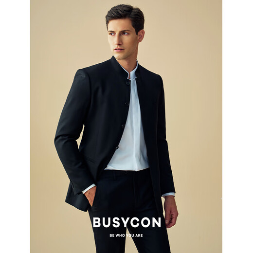 BUSYCON wool tunic suit, new Chinese style suit, high-end men's suit, black stand-up collar, banquet, engagement, wedding dress, black (two-piece suit, top + pants) 50 Reference weight 135-145Jin Jin is equal to 0.5 kg