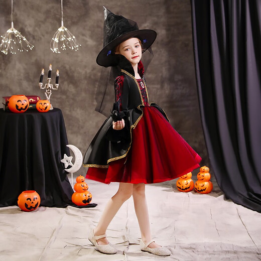 Xiaokayinon Halloween children's costume girl princess dress witch little girl costume prom dress cosplay character burgundy long style (star hat + cloak) 130