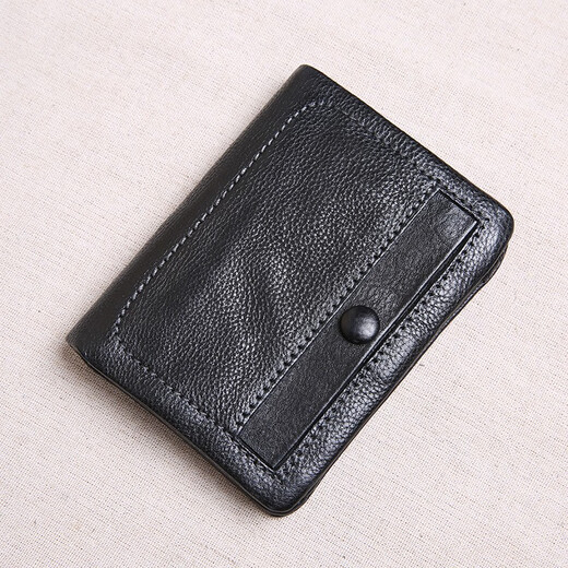 曼尼琼诗（VUNIQSON）品牌皮夹钱包男士短款真皮手工简约高档钱夹迷你零钱包男 黑色