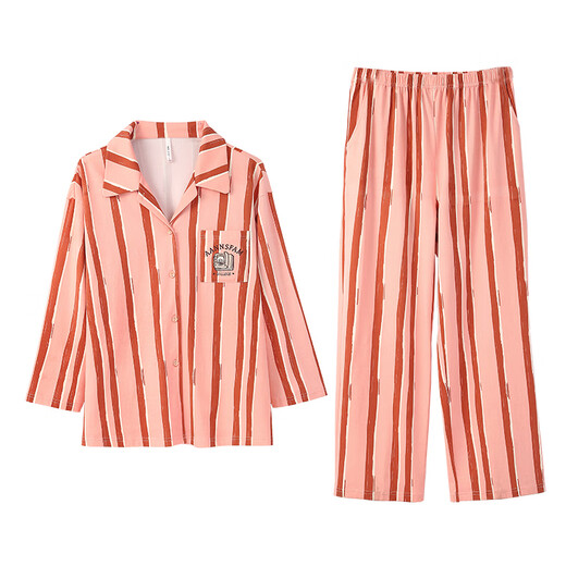 Anzhiban Super Soft Couple's Pajamas Spring and Autumn Ann Style Elastic Cotton Casual Art Style Loose Long Sleeve Women's Home Clothes Grapefruit Color (Super Soft 5% Spandex and Stretchy) M