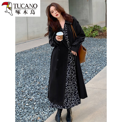 Woodpecker Windbreaker Jacket Women's 2024 Spring and Autumn New Korean Style Suit Collar Mid-Long Jacket Loose Temperament Popular Coat Khaki L