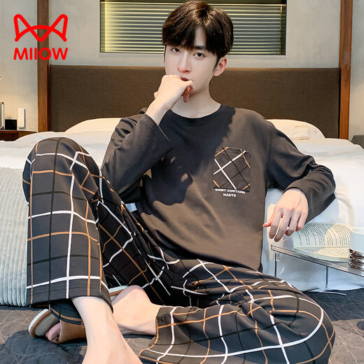Cat men's pajamas 2024 long sleeves trousers pure cotton spring and autumn can be worn loose and cute teenager home clothing suit gentle and elegant 9901 L[120-140]