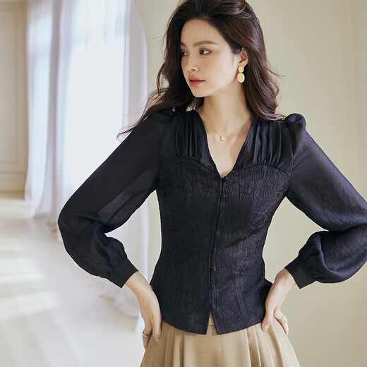 ROEYSHOUSE Luoyi texture jacquard splicing shirt women's autumn new long-sleeved new Chinese style Chinese style shirt 07329 Black S