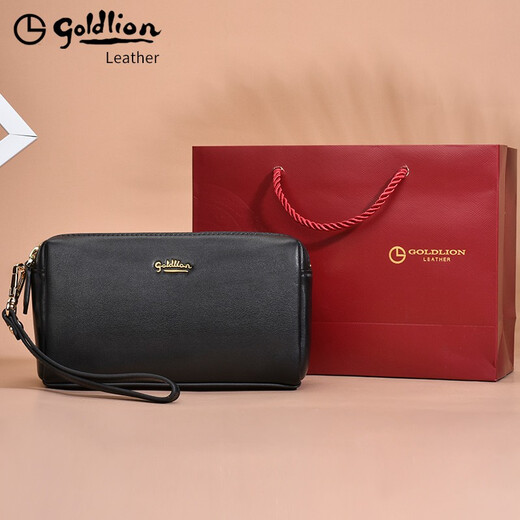 Goldlion clutch bag for women double zipper genuine leather light luxury women's bag large capacity 2025 new clutch bag first layer cowhide gift box temperament style FA512016-111