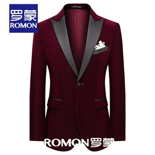 ROMON Burgundy Gold Velvet Suit Men's Stage Host Banquet Groom Velvet Evening Dress Suit Jacket Men's Red Lapel Collar (Velvet) Suit + Pants 2XL