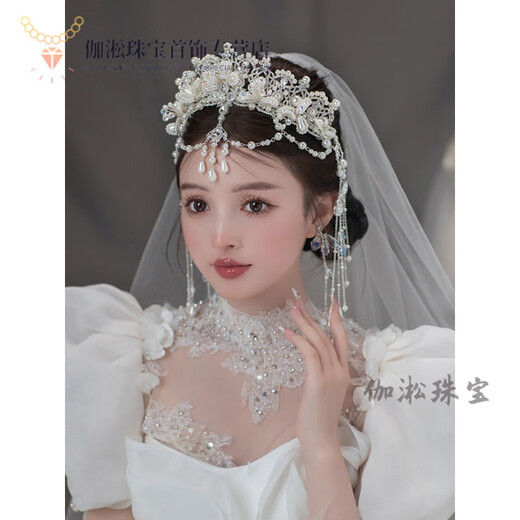 Fang Jinxiang crown tiara bride's handmade pearl tassel forehead ornament eyebrow center pendant main yarn shape wedding dress photo studio crown + ear clip