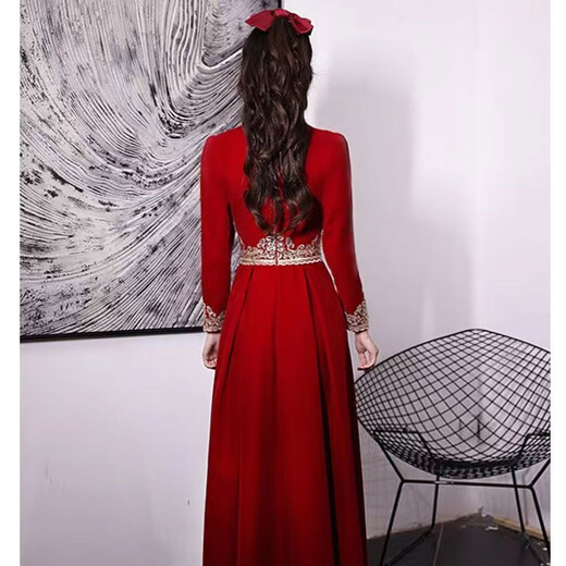 Lanka Roni Lanka Roni Cheongsam Toast Wear Bridal 2025 Engagement Red Dress Long Sleeve Wedding Evening Dress Women Red Long M