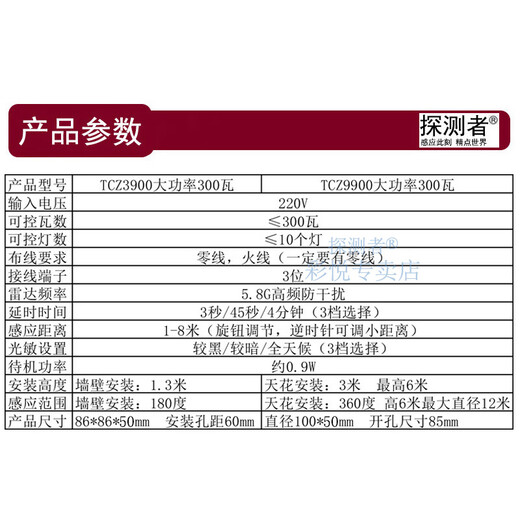 探测者雷达感应开关器探测者大功率可控300瓦10个灯智能开关嵌入式过道 圆形9900大功率300瓦(开孔85mm)