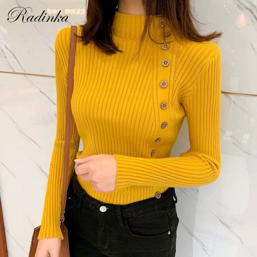 Radinka 2024秋冬新款加厚毛衣女套头半高领打底衫韩版纽扣修身针织衫 杏色 L【建议105-115 斤】