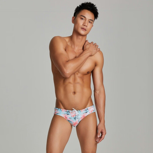 Hibbing (SEOBEAN) swimming trunks men's swimming briefs adult printed low-waist hot spring beach swimwear blue bottom lily XXL (2.6-2.9 feet waist)