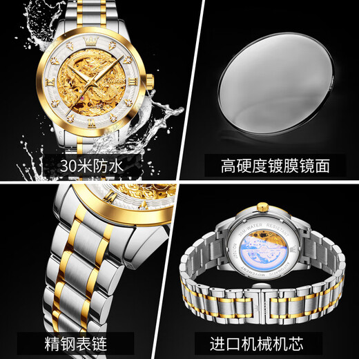 OLEVS Reloj de marca con certificación suiza, reloj mecánico para hombre, reloj de dragón hueco, reloj para hombre completamente automático, luminoso, resistente al agua, reloj de diamantes OLEVS-7027-cinturón de acero blanco