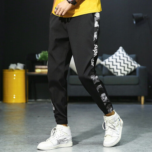 Fan Pure Trendy Foot Anti-Falten-Casual Hosen Herren Arbeiten geschnittene Hosen Hochstrecker Slim Camouflage Ice Seidenhose XH983 XH983 Black XL