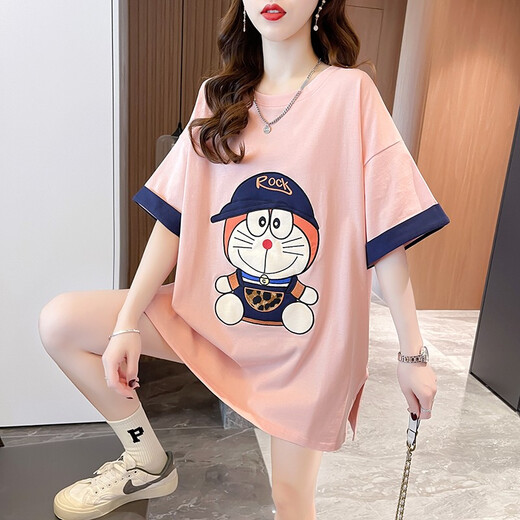 妃丽慕尚（FEILIMUSHANG）学生刺绣重工条纹短袖T恤女装设计感宽松中长款上衣潮夏季2025年 681宝蓝色 XL 建议150斤以内