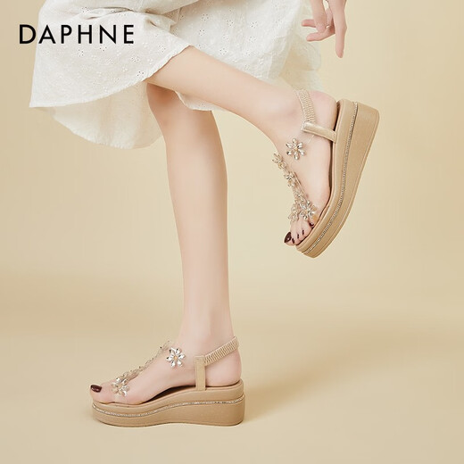 Daphne (DAPHNE) sandals for women's summer high heels summer new single shoes heels thick sole sponge cake student rhinestone fairy style elastic band gold 37 (235mm)