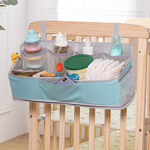 Crib storage bag hanging bag bedside diaper storage bedside storage bag diaper bag multifunctional storage rack light blue