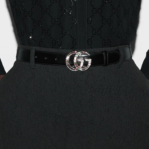 Gucci (GUCCI) Women's Black Leather Double G Multicolor Crystal Buckle Belt 3 cm 7955630YAUG1047 [Tax Package] 70