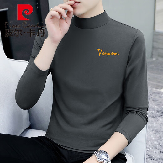 Pierre cardin autumn and winter half-high neck base shirt for men's long-sleeved T-shirt pure cotton autumn clothes versatile plus velvet simple thickened thermal underwear black YP-C6187 plus velvet M