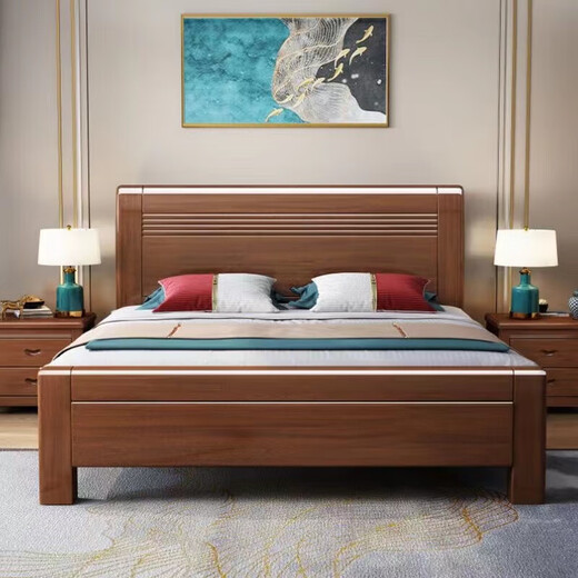 Walnut solid wood bed 1.5mx2m new Chinese style 1.8m bedroom furniture single double bed wedding bed storage bed single bed without mattress bedside table 1500mm*2000mm frame structure