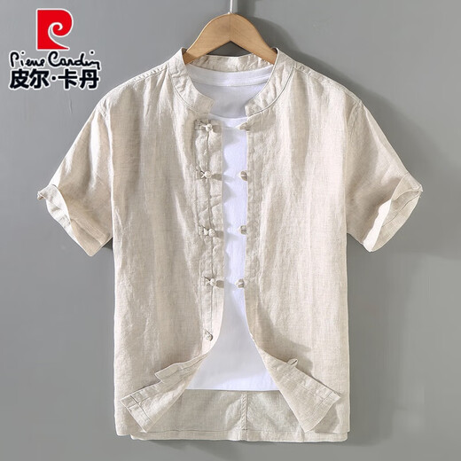 Pier Cardin Retro Retro Chinesischer Stil Sommer Leinen Top Tang Anzug Herren-Standkragen dünne kurzärmelige Baumwoll-Leinenhemd Chinesisches Button-Hemd 1047 White M.