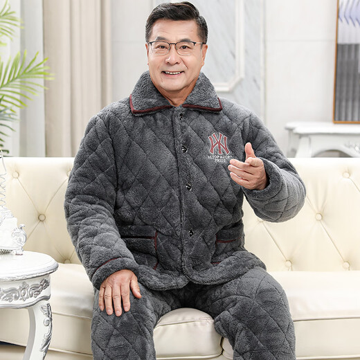 凯旋世家男士睡衣冬季加厚加绒珊瑚绒三层夹棉中老年爸爸家居服套装秋冬款 C9921#黑灰色男【长毛绒】 XXL(145-165斤)三层加厚