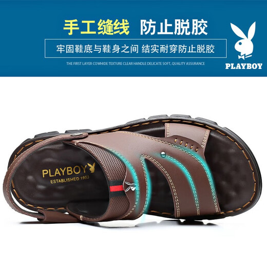 花花公子（PLAYBOY）沙滩鞋牛皮男士凉鞋真皮夏季凉拖两用夏天防滑凉鞋透气大码可泡水 835棕色 37