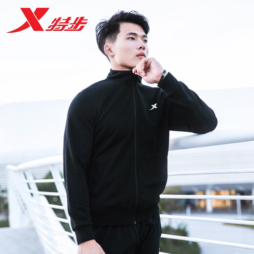 特步运动外套男2025年夏季新款防风夹克男士保暖休闲长袖加绒卫衣男 黑色-9277 S