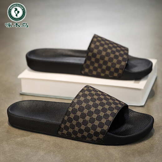 Woodpecker 2025 brand summer new retro British style flip-flops men's breathable outer non-slip slippers new 677 diamond lattice black 39