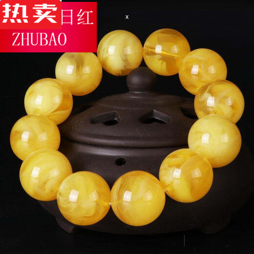 SNQP high-end quality chicken fat yellow beeswax bracelet, raw stone, old honey, Russian material, white flower amber bracelet, Buddhist beads, gift for men and women, 10mm chicken fat yellow floating flower single circle bracelet