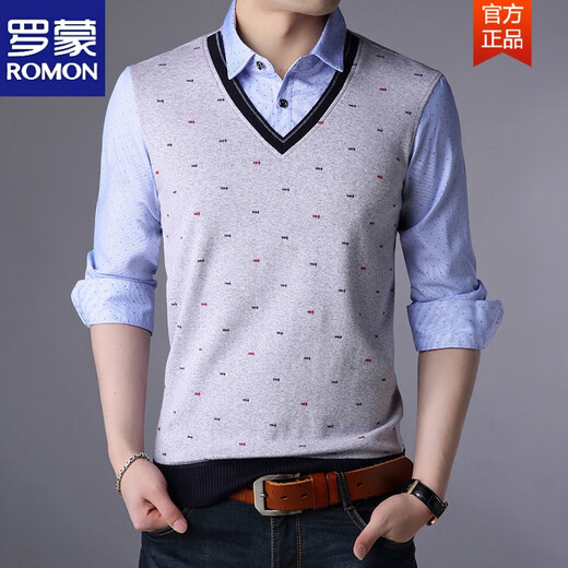 ROMON (ROMON) Spring and Autumn Fake Two-piece Shirt Collar Knit Sweater Men's Long Sleeve Double Collar Shirt T-shirt Middle-aged Men's Thin. Base Shirt 3878 Blue (Spring and Autumn) Button Cuffs Thin XL 175 Recommended 138-158Jin [Jin equals 0.5 kg]