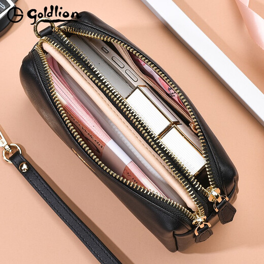 Goldlion clutch bag for women double zipper genuine leather light luxury women's bag large capacity 2025 new clutch bag first layer cowhide gift box temperament style FA512016-111