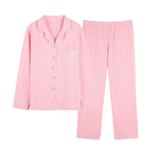 
An Guifen pajamas for women in spring and summer pure cotton long-sleeved cardigan lapel set autumn new Korean version sweet solid color comfortable casual home loose plus size fat MM young ladies home clothes 9742 light pink fine plaid XXL