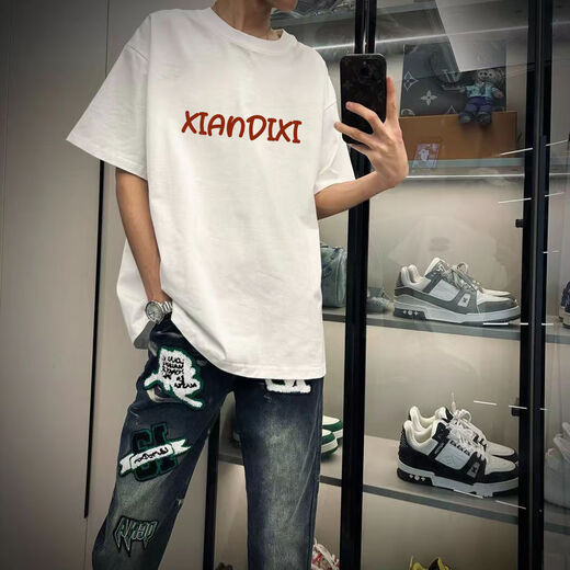Katuqi heavy pure cotton European and American retro short-sleeved T-shirt men's summer loose trend five-point half-sleeved high street clothes T-shirt black L [recommended 100-120 Jin [Jin equals 0.5 kg]]