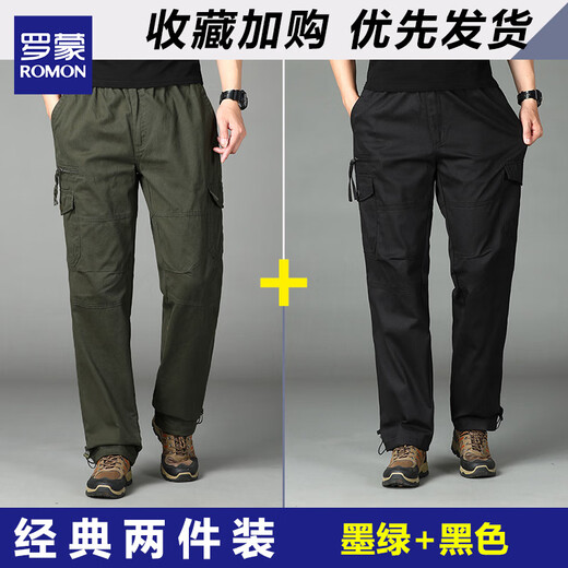 Luo Meng Overalls Men's Pure Cotton Autumn New Style Young and Middle-aged Pants Loose Straight Men's Casual Pants Outdoor Wear-Resistant Men's Pants J18 Dark Green Single Piece XL About 140-160 Jin Jin is equal to 0.5 kg