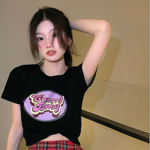 Commander Xiong Little Short T-shirt for Women Rose Red 2025 New Pure Lust Style Short Sleeve Waist Slim Fit Top Inside Black 9740 M