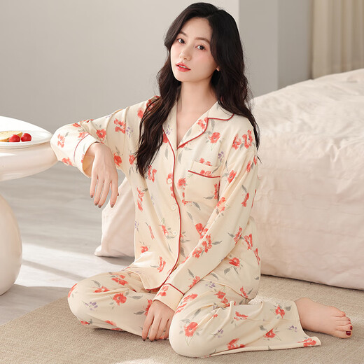 三枪睡衣女士春秋款纯棉长袖长裤时尚翻领家居服秋季全棉高级感套装 9249 M 女(建议80-100斤)